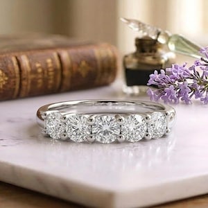 1.10 Carat Round Cut Lab Grown Diamond Five Stone Engagement Band, 14k Gold Diamond Wedding Band, Lab Created Diamond Band, Anniversary Gift
