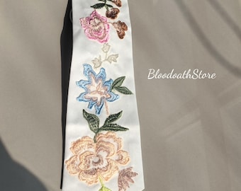 Handmade Colorful Wildflower Embroidered Tie, Vintage Floral Lace Neck Tie for Men, Boho Wedding Accessory, Elegant Satin Garden Tie