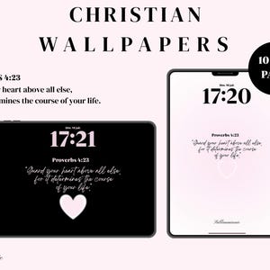 Op de afbeelding: Een digitale set van 10 christelijke achtergronden voor tablets, met de tekst Proverbs 4:23, Guard your heart above all else, for it determines the course of your life. De ontwerpen bevatten zwarte en lichtroze achtergronden met een hartje.