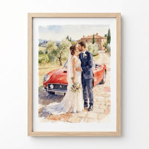 Può includere: Dipinto ad acquerello di una scena di matrimonio. Una coppia si bacia davanti a un'auto decappottabile rossa. La sposa indossa un abito e un velo bianchi, con un bouquet. Lo sposo indossa un abito blu navy. Lo sfondo presenta una villa e un paesaggio.