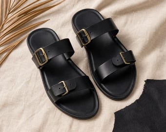 Handmade Black Leather Sandals for Women | Minimalist Buckle Slides | Genuine Leather Flat Sandals | Summer Slip-On Shoes | Made in Morocco