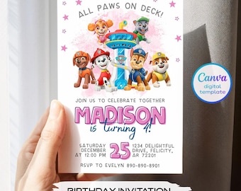 Invito stampabile e modificabile a tema cuccioli, invito di compleanno per bambini e bambine, festa a tema cuccioli, download immediato, modello di invito di compleanno per bambini a tema zampe.