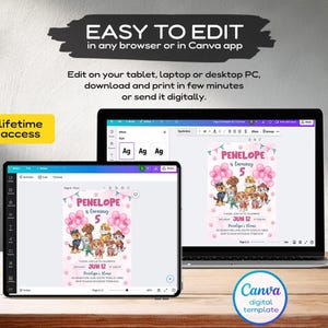 Pu&ograve; includere: Un modello di invito digitale visualizzato su uno schermo di tablet e portatile, con un tema di compleanno rosa, cuccioli di cartoni animati, palloncini e il testo 'PENELOPE is turning 5'. L'interfaccia mostra strumenti di modifica Canva.