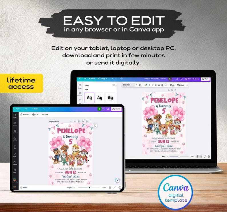 Pu&ograve; includere: Un modello di invito digitale visualizzato su uno schermo di tablet e portatile, con un tema di compleanno rosa, cuccioli di cartoni animati, palloncini e il testo 'PENELOPE is turning 5'. L'interfaccia mostra strumenti di modifica Canva.