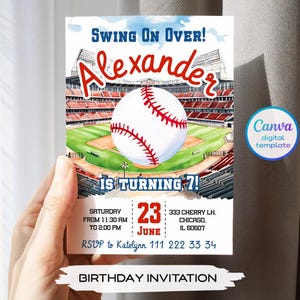 May include: A baseball-themed birthday invitation card featuring a large white baseball with red stitching centred over a stadium illustration. The text reads: Swing On Over! Alexander Is Turning 7! Saturday 23 June, 11:30 AM to 2:00 PM, 333 Cherry Ln, Chicago, IL 60607, RSVP to Katelynn 111 222 33 34.