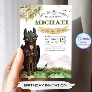 May include: A birthday invitation card featuring a cartoon boy standing in front of a black dragon with green eyes. The text reads Join the Adventure to celebrate Michael is turning seven October 15 at 12 PM, with address and RSVP details included.
