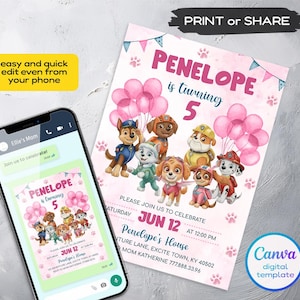 Pu&ograve; includere: Un modello di invito di compleanno digitale con il testo PENELOPE is turning 5, decorato con palloncini rosa, impronte di zampe e personaggi di cani. L'invito include i dettagli per una festa il 12 giugno alle 12:00 presso Penelope's House.