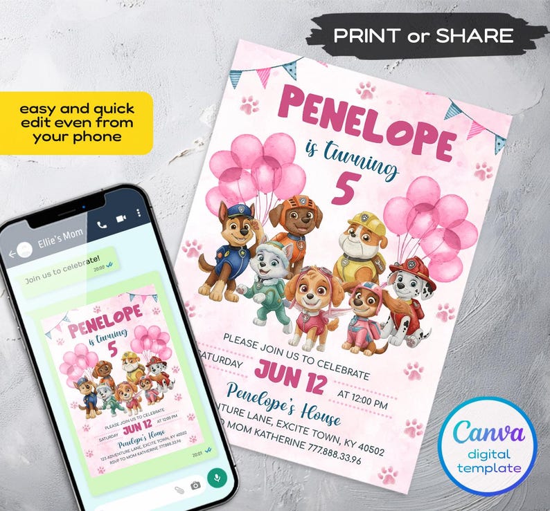 Pu&ograve; includere: Un modello di invito di compleanno digitale con il testo PENELOPE is turning 5, decorato con palloncini rosa, impronte di zampe e personaggi di cani. L'invito include i dettagli per una festa il 12 giugno alle 12:00 presso Penelope's House.