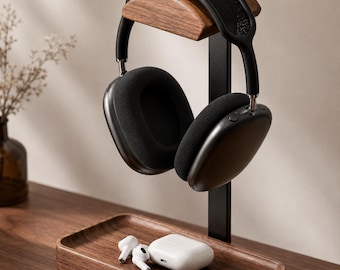 Soporte para auriculares de nogal, bandeja organizadora de escritorio de madera, decoración minimalista para la oficina, estilo escandinavo, regalo para él.