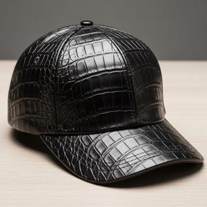 Può includere: Un cappellino da baseball nero caratterizzato da una texture in rilievo che riproduce la pelle di coccodrillo su tutta la superficie. Il cappello presenta una corona strutturata, una visiera curva e un piccolo bottone nero sulla sommità.
