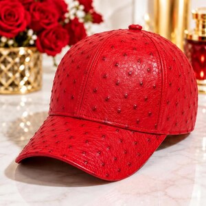 Baseballpet van struisvogelleer, rode pet van echt leer, pet met exotisch reliëf, verstelbaar, unisex cadeau, rode pet van struisvogelleer met reliëf