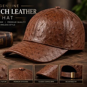 Ostrich Leather Baseball Cap, Embossed Exotic Skin Hat, Handmade Adjustable Snapback, Vintage Handmade Textured Leather hat