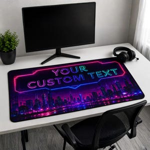 Tapete de mesa personalizado, mouse pad personalizado, texto neon cyberpunk