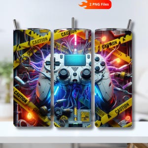 May include: A cylindrical tumbler wrap design featuring a white video game controller surrounded by glowing blue and purple electrical wires, industrial machinery, and yellow caution tape with the text CAUTION printed in black.
