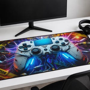 Cyberpunk Controller Desk Mat, Electric Gaming Mouse Pad XXL, Neon Wired Extended Desk Pad, Neoprene Anti-Slip, 3 Sizes