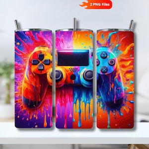 Colorful Splash Controller Tumbler Wrap 20oz, Paint Explosion PNG Sublimation Design, Vibrant Gamer Skinny Tumbler, Digital Download