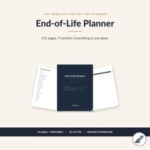 Könnte beinhalten: Ein digitaler Planer mit dem Titel The Complete End-of-Life Planner mit 111 Seiten und 9 Abschnitten. Das dunkelblaue Cover zeigt den Text End of Life Planner und AssetLane. Zwei Innenseiten sind sichtbar, eine davon mit einer Liste.