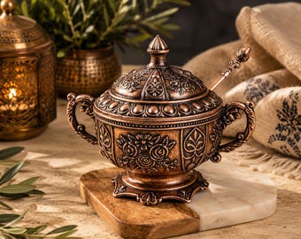 Sucrier turc en cuivre avec cuillère, bonbonnière artisanale en cuivre, bol de service avec couvercle, vaisselle traditionnelle turque