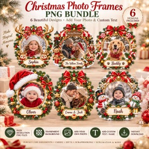 Könnte beinhalten: Ein digitales Set aus sechs Weihnachts-Fotorahmen, bestehend aus kreisförmigen Kränzen, verziert mit roten Schleifen, Tannenzapfen und Stechpalmen. Jeder Rahmen bietet Platz für ein Foto und ein Namensschild. Text: Christmas Photo Frames PNG BUNDLE.