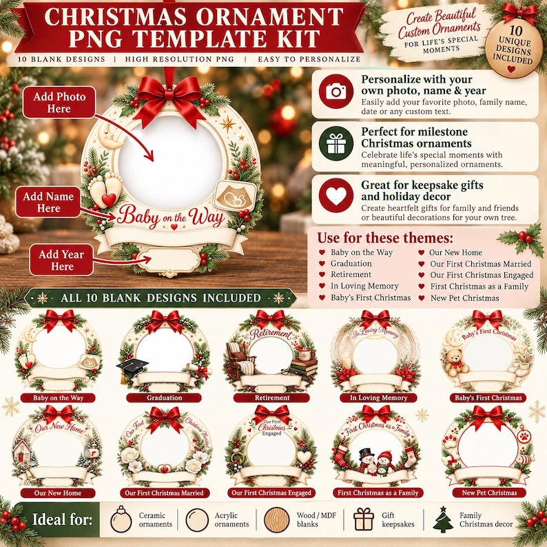 2026 Christmas Ornament PNG Bundle, 10 Milestone Photo Frame Designs ...