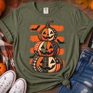 Halloween-Shirt mit Patchwork-Kürbismotiv, Vintage-Jack-O'-Lantern-T-Shirt, süßes Herbst-Kürbis-T-Shirt