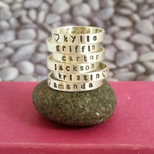 Stacking Name Ring with Birth Date in Sterling Silver, Stackable name ring, Personalized Stacking Ring