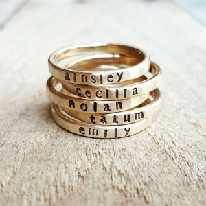 Stacking Skinny Name Ring in Hammered 14K gold, Gold Stacking Name ring, Personalized Name Ring