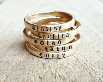 Hammered 14K Gold Stacking Name Ring: Personalized Skinny Band