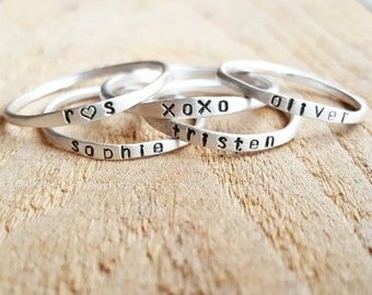 Stackable Name Rings in sterling silver or 14K gold, Personalized Stacking Rings, Super Skinny name rings