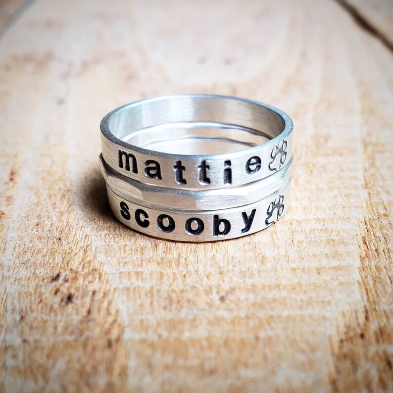 Personalized Dog Name Ring in Sterling Silver Paw Print Ring Etsy