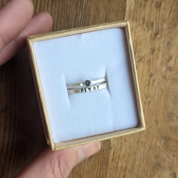 Sterling Silver Birthstone Name Ring Set: Hammered Stacking Rings