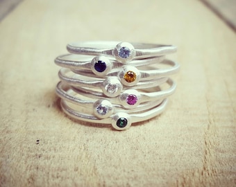 Sterling Silver Stacking Birthstone Ring: Hammered Wire Band