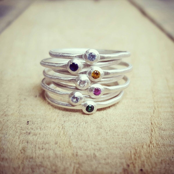 Stacking Birthstone Ring in Sterling Silver, Skinny Birthstone rings, Tiny Birthstone Rings