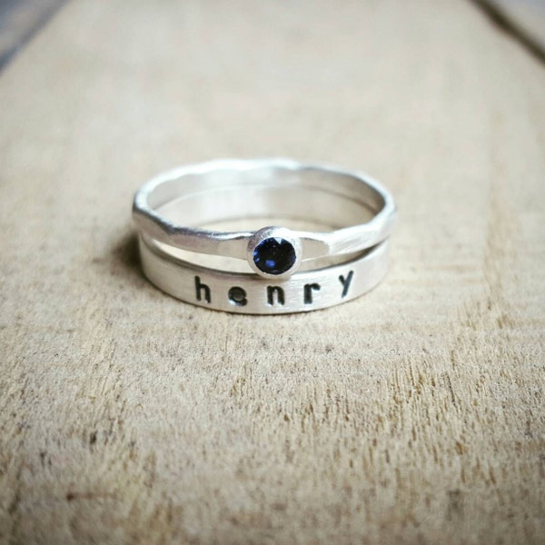 Birthstone and Name Ring Stacking Set, Custom Name Ring, Stacking birthstone rings