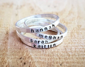 Sterling Silver Stacking Name Ring: Hammered Custom Band