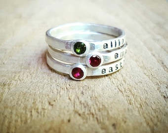 Personalized Stacking Birthstone Ring: Hand Stamped Name Ring