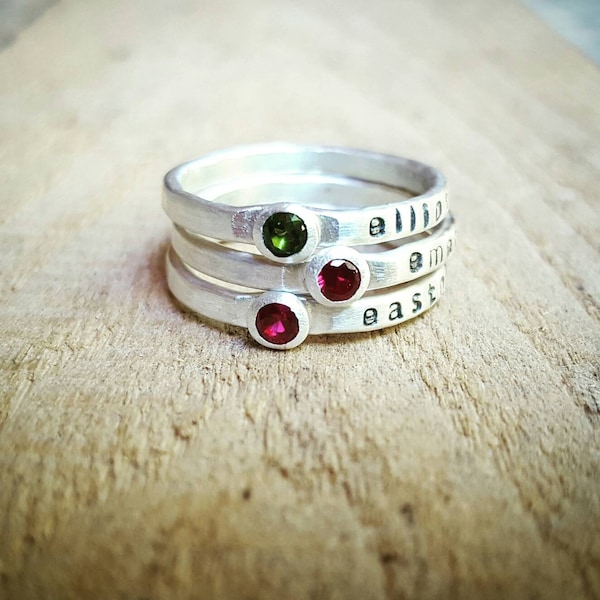 Personalized Stacking Birthstone Ring: Hand Stamped Name Ring
