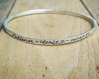 Personalized Oval or Round Sterling Silver Bangle with Quote, Mantra Bracelet, Custom Bangle