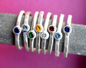 Hammered Sterling Silver Birthstone Ring - Stackable Gemstone Ring