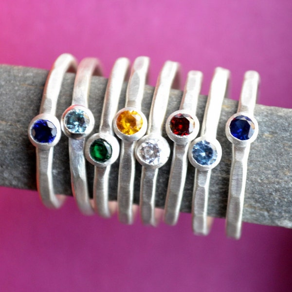 Stacking Birthstone Ring in Sterling Silver, Hammered birthstone rings, Stackable Birthstone rings