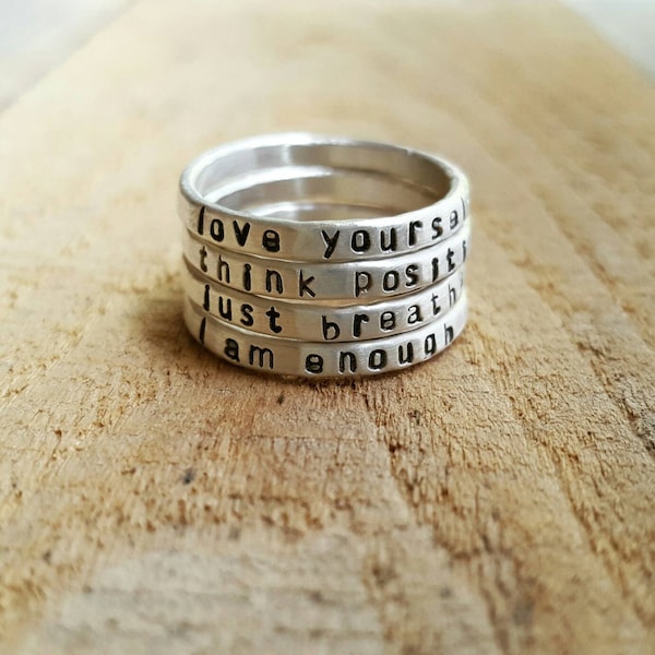 Personalized Hammered Quote Ring in Sterling Silver, Custom Ring, Inspirational Quote