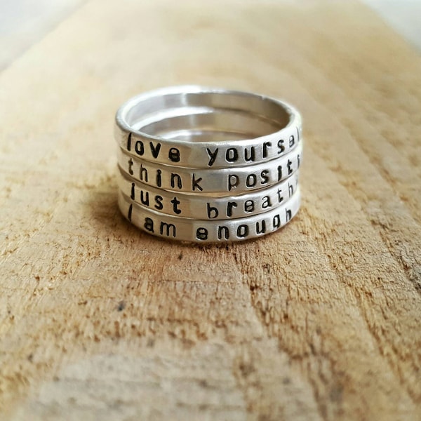 Personalized Hammered Sterling Silver Quote Ring: Custom Stacking Ring