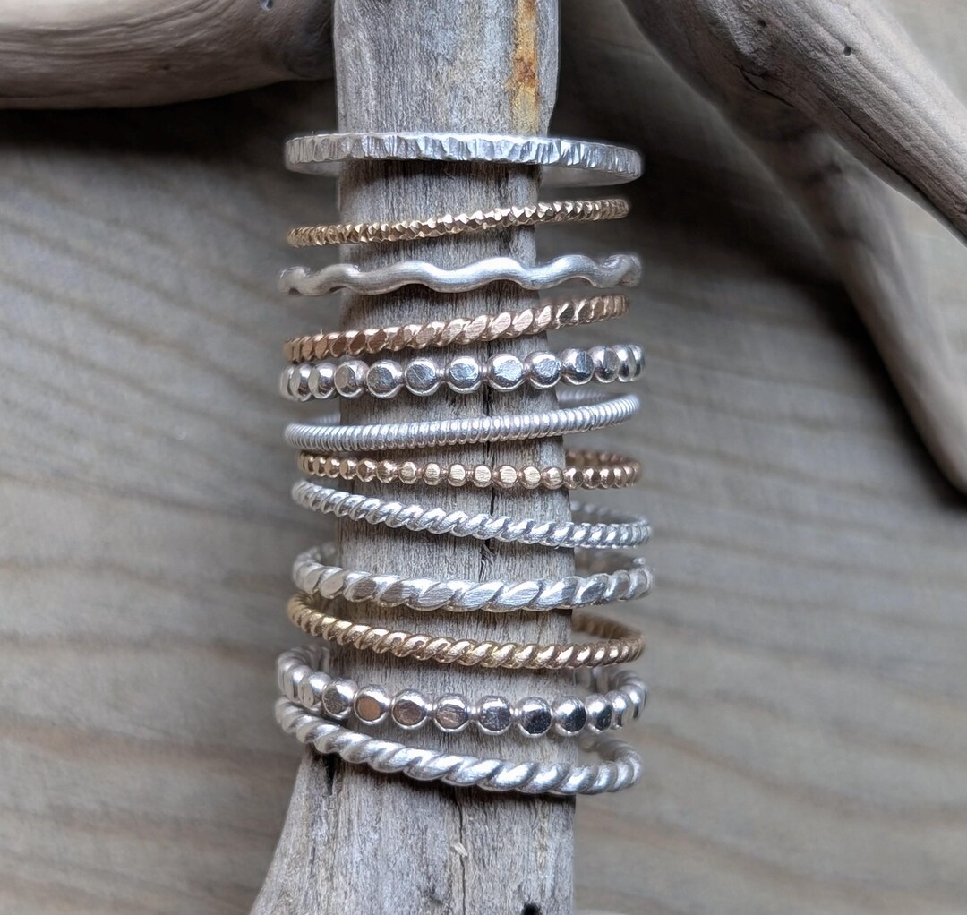 Sterling Silver Stacking Rings, Dainty Twist & Beaded Styles, Gold ...