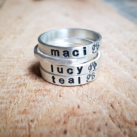 Personalized Dog Name Ring in Sterling Silver Paw Print Ring Pet
