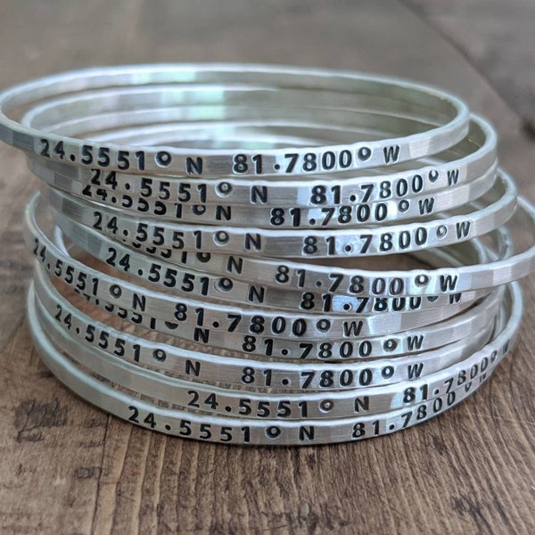 Custom Coordinates Bracelet, Latitude and Longitude Hammered Sterling Silver Bangle, Location bracelet
