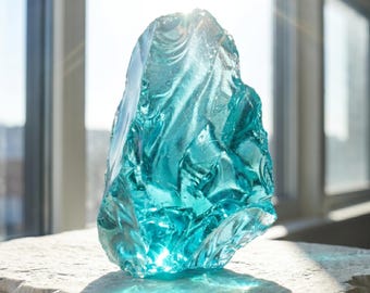 Large Aqua Obsidian Raw Chunk, Ocean Blue Andara-Style Glass, Meditation Altar Decor