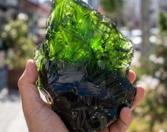 Large Green Obsidian Raw Crystal Chunk, Andara Style Rough Glass Stone, Meditation Altar Decor