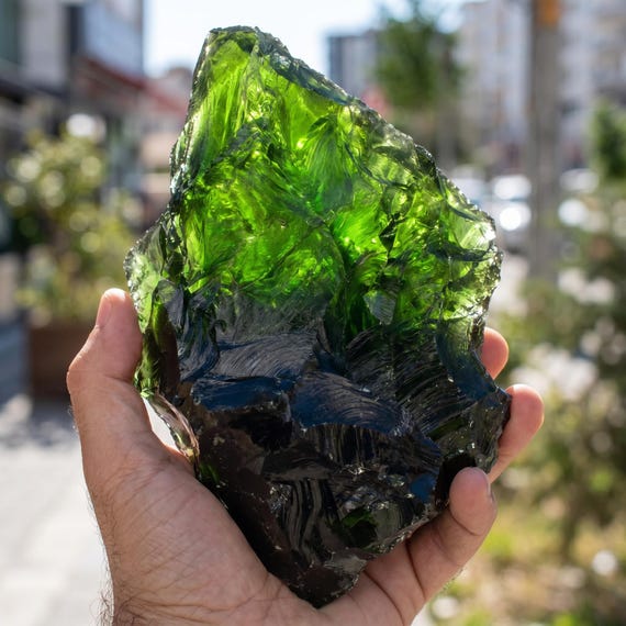 Large Green Obsidian Raw Crystal Chunk, Andara Style Rough Glass Stone, Meditation Altar Decor