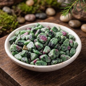 Peut inclure: Un bol en céramique blanche rempli de petites pierres de zoïsite polies. Les pierres présentent une palette de couleurs distincte composée de vert clair, de vert foncé et d'inclusions rouge rosé opaques, avec une texture lisse et polie.