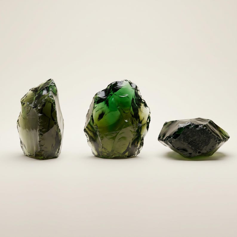 Premium green obsidian-style crystal glass chunk styled in gift-ready packaging, ideal as an Evervibes crystal gift for collectors, altar lovers, and decor enthusiasts.